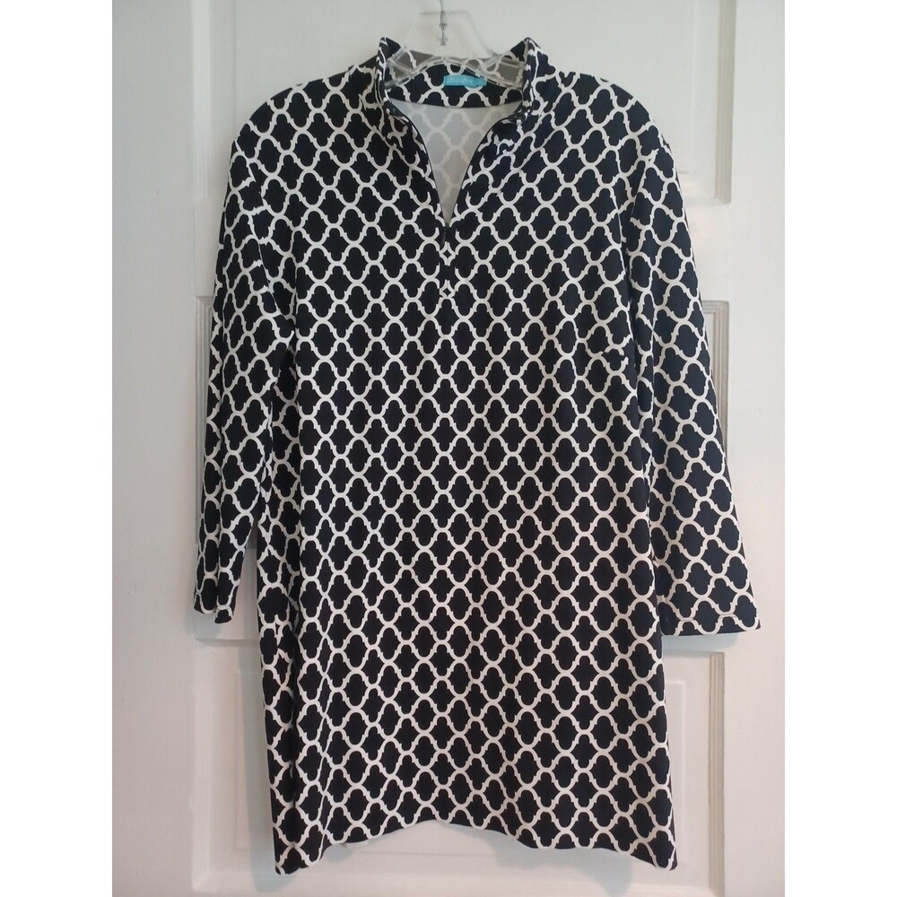 J. McLaughlin Catalina Cloth 1/4 zip tunic top womens XL black white knit preppy